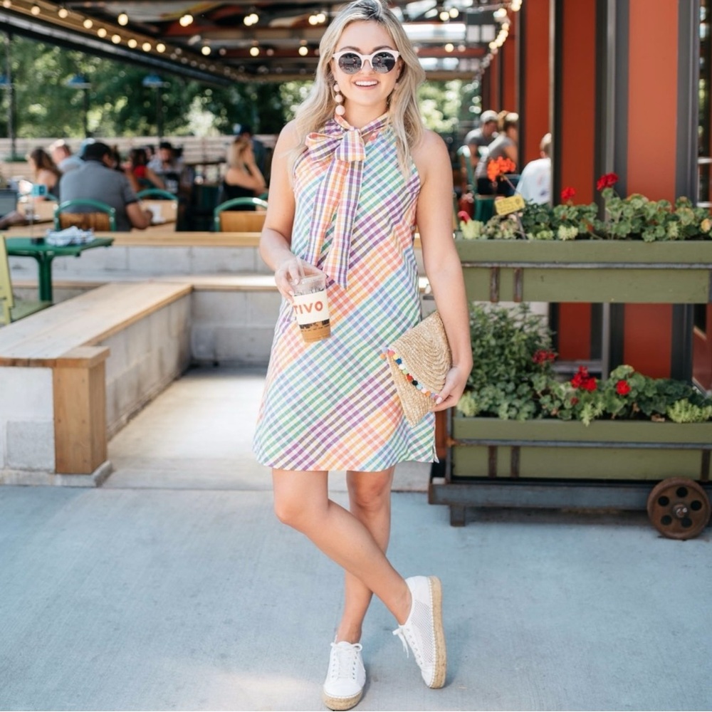 J.Crew Tie Neck Rainbow Gingham Dress Size 8 Plaid Preppy Bow Summer - Picture 4 of 16